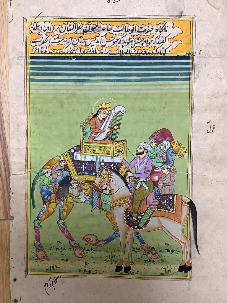 Indian School, two watercolour and ink original illustrations, Women on a balcony with men below, 24 x 18cm and Woman riding a camel with attendant, 22 x 14cm, both unframed